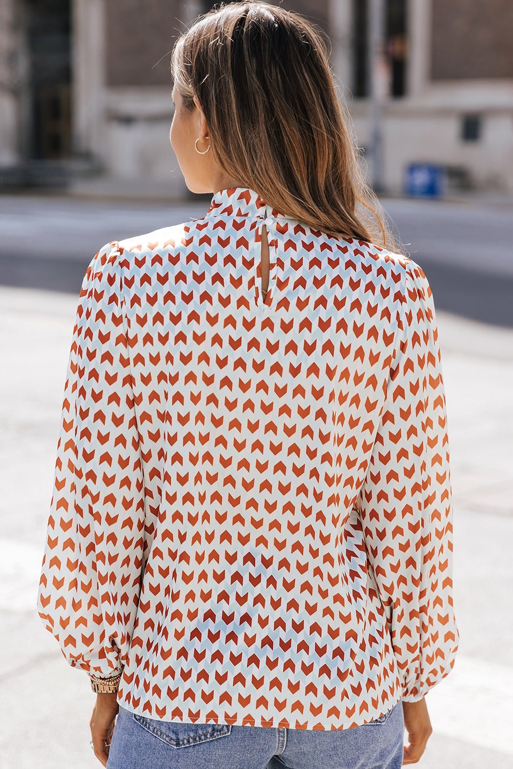 Double Take Printed Tie Neck Long Sleeve Blouse - Guy Christopher