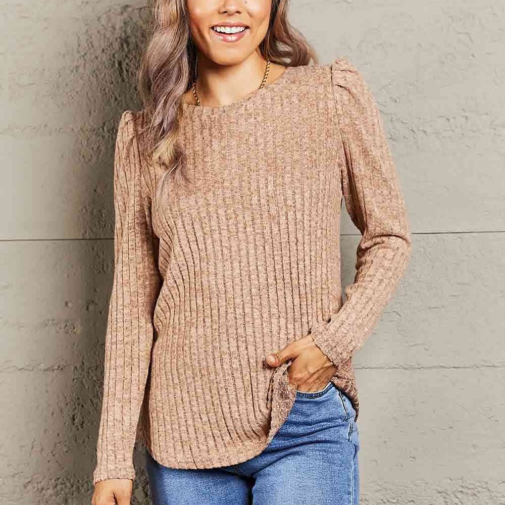 Double Take Round Neck Puff Sleeve Ribbed Top - Guy Christopher