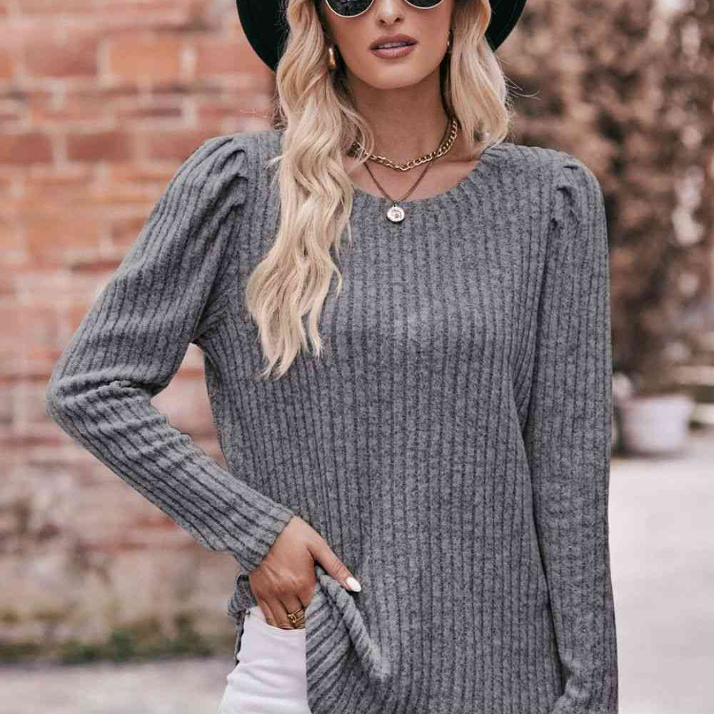 Double Take Round Neck Puff Sleeve Ribbed Top - Guy Christopher