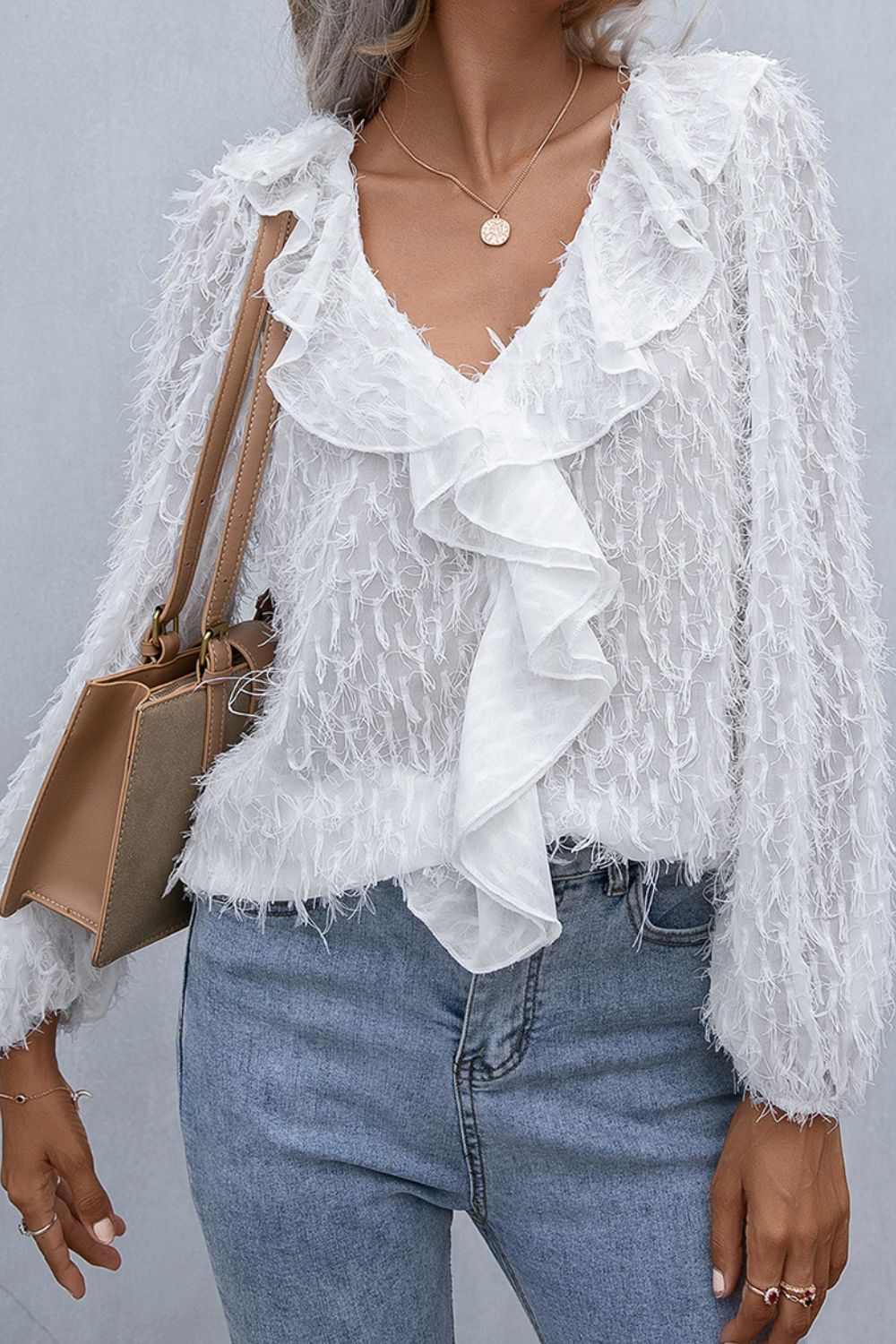 Double Take Ruffle Hem Fringe V-Neck Balloon Sleeve Blouse - Guy Christopher