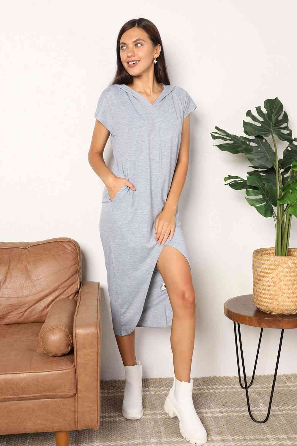 Double Take Short Sleeve Front Slit Hooded Dress - Guy Christopher