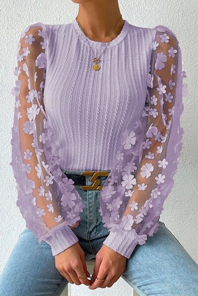 Double Take Textured Applique Long Sleeve Blouse - Guy Christopher