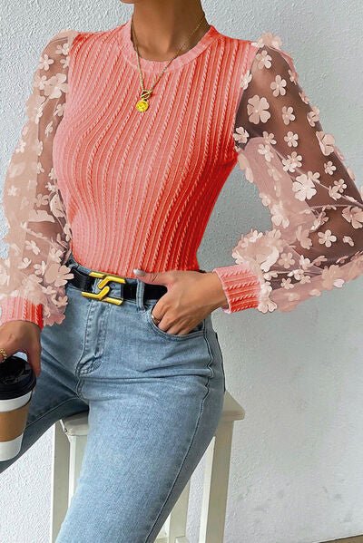 Double Take Textured Applique Long Sleeve Blouse - Guy Christopher