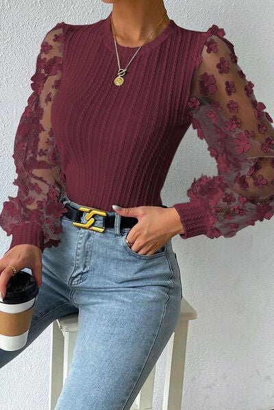 Double Take Textured Applique Long Sleeve Blouse - Guy Christopher