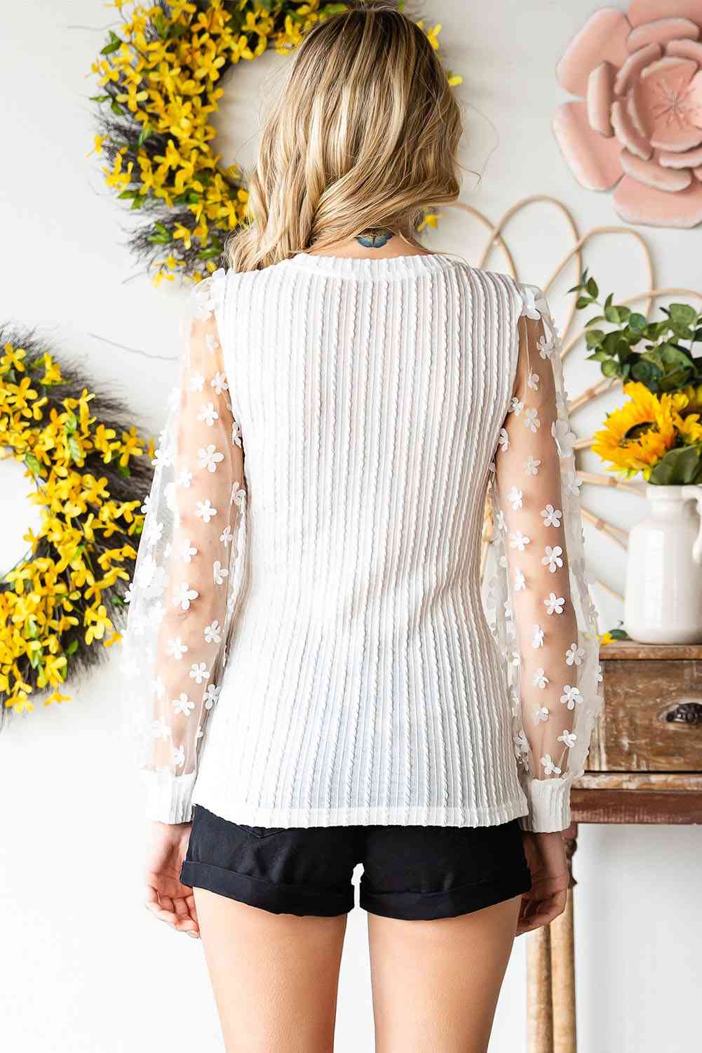 Double Take Textured Applique Long Sleeve Blouse - Guy Christopher