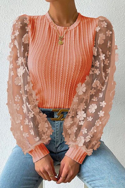 Double Take Textured Applique Long Sleeve Blouse - Guy Christopher