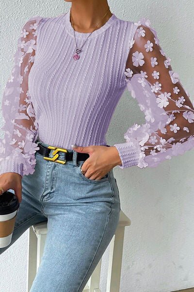 Double Take Textured Applique Long Sleeve Blouse - Guy Christopher