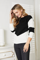 Double Take Two-Tone Openwork Rib-Knit Sweater - Guy Christopher