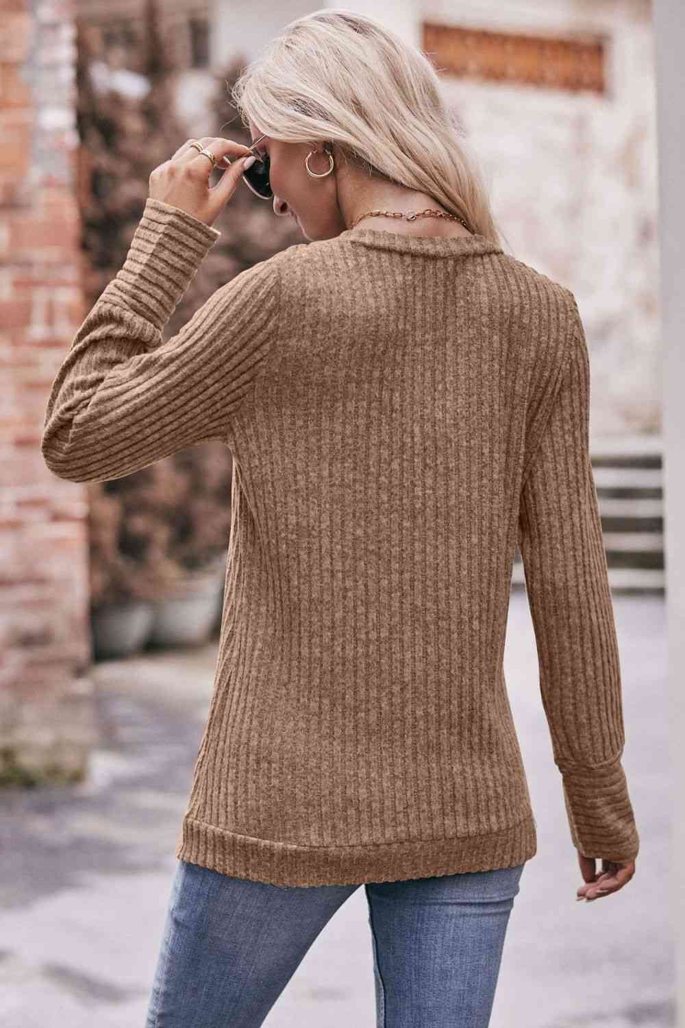 Double Take V-Neck Long Sleeve Ribbed Top - Guy Christopher