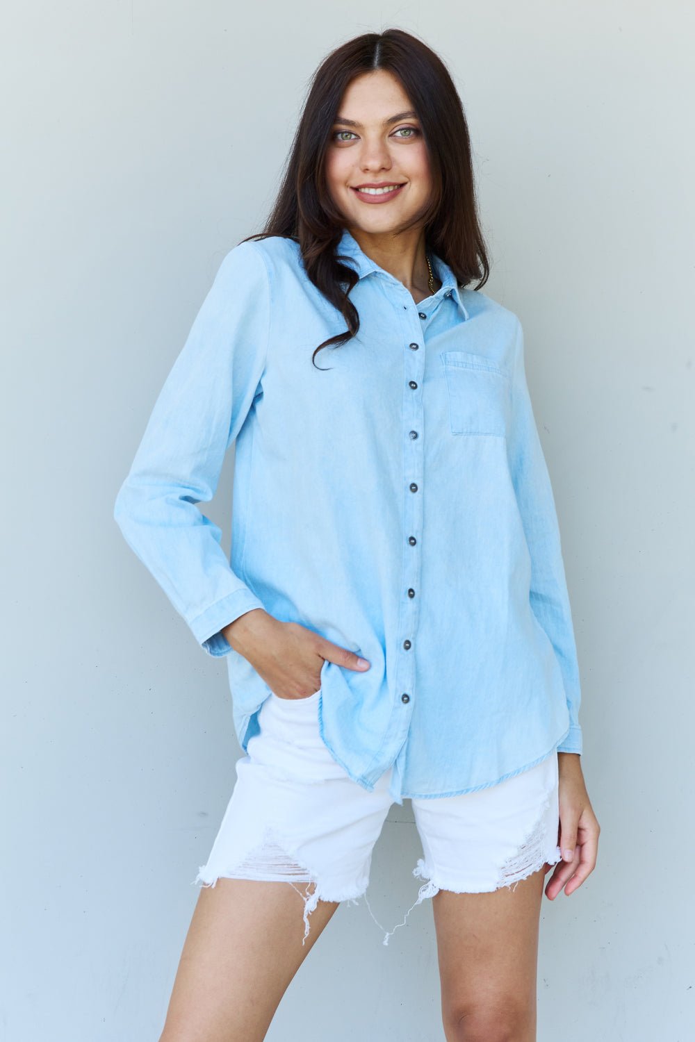 Doublju Blue Jean Baby Denim Button Down Shirt Top in Light Blue - Guy Christopher