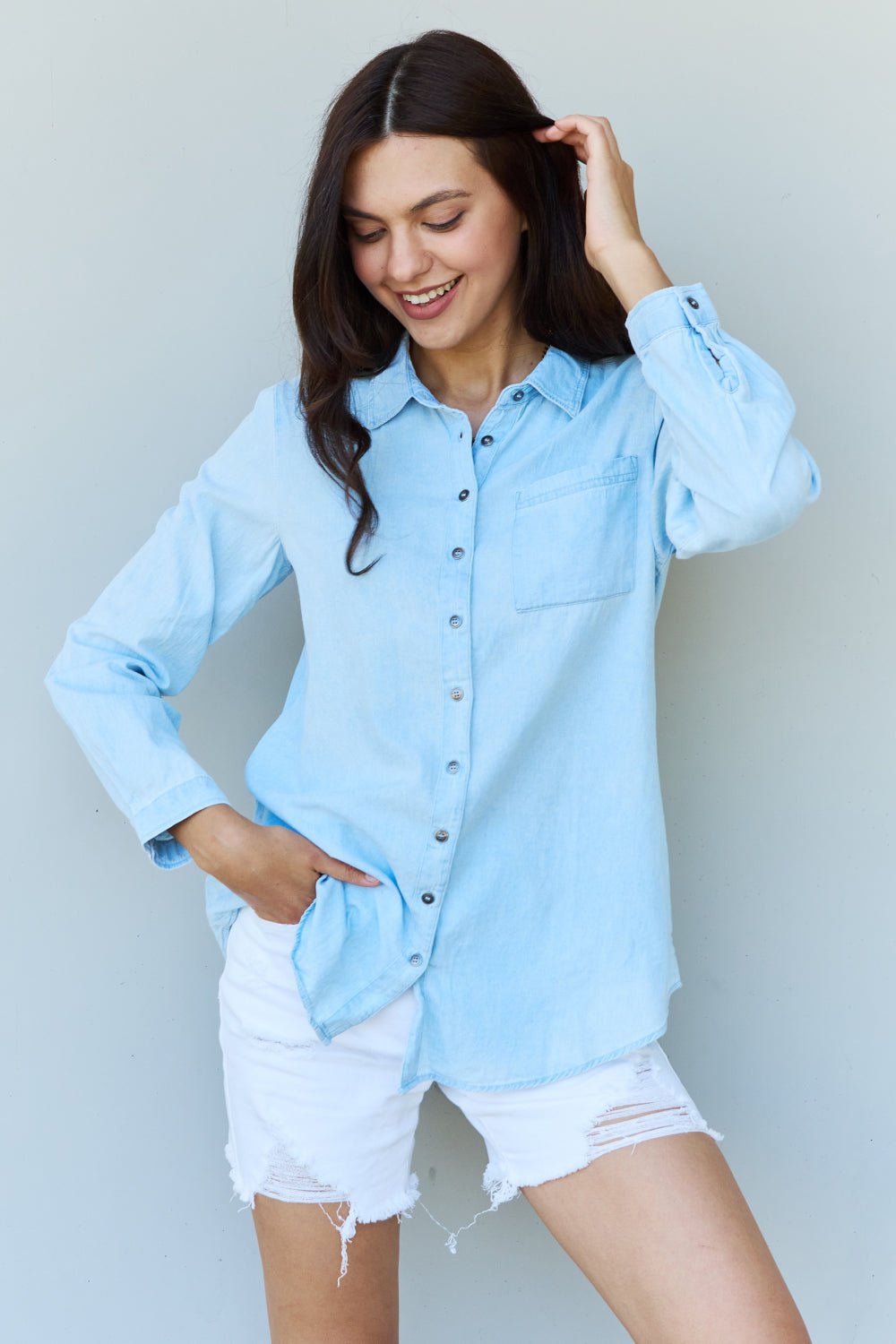 Doublju Blue Jean Baby Denim Button Down Shirt Top in Light Blue - Guy Christopher