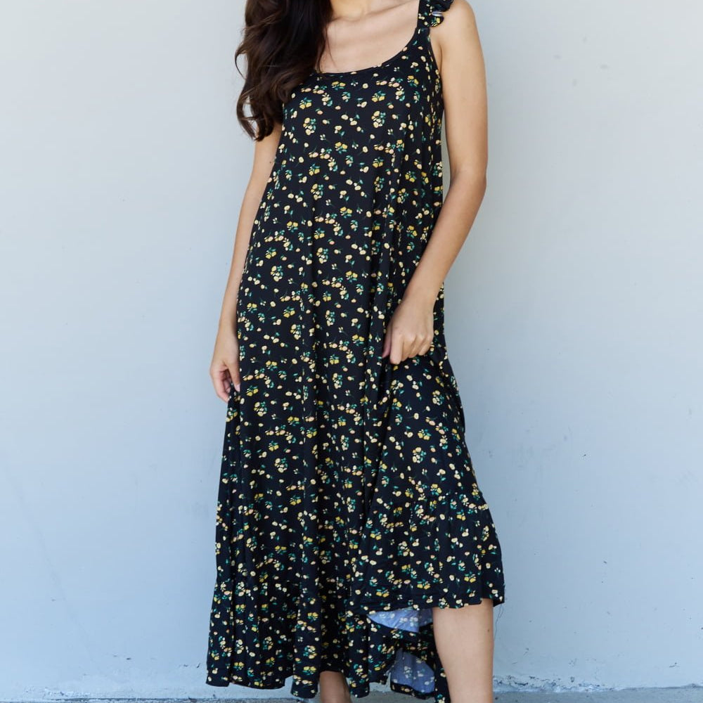 Doublju In The Garden Ruffle Floral Maxi Dress in Black Yellow Floral - Guy Christopher