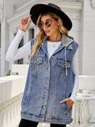 Drawstring Hooded Sleeveless Denim Top with Pockets - Guy Christopher