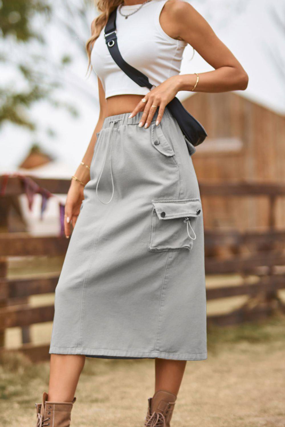 Drawstring Waist Slit Denim Skirt - Guy Christopher