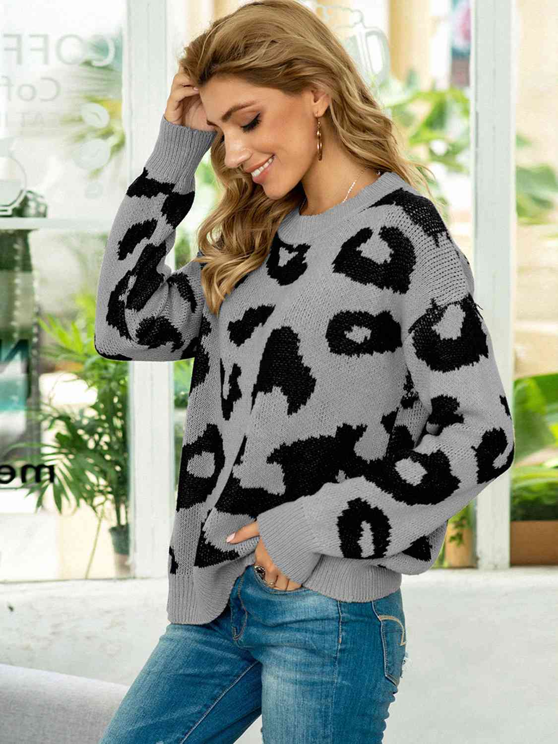 Drop Shoulder Leopard Pullover Sweater - Guy Christopher