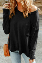 Dropped Shoulder Boat Neck Sweater Pullover with Pocket - Guy Christopher