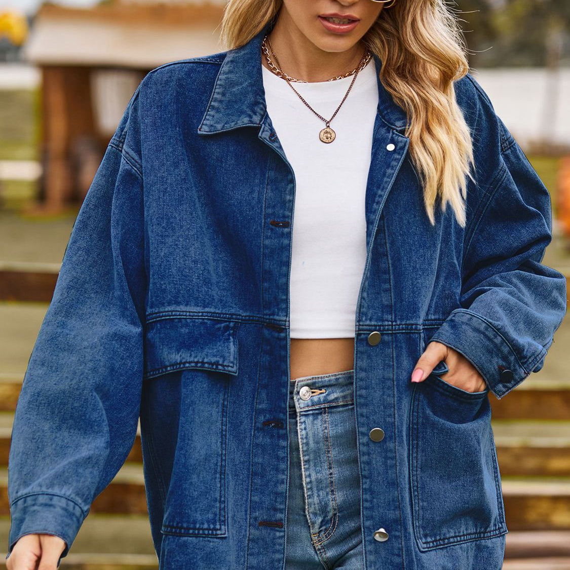 Dropped Shoulder Denim Jacket with Pockets - Guy Christopher