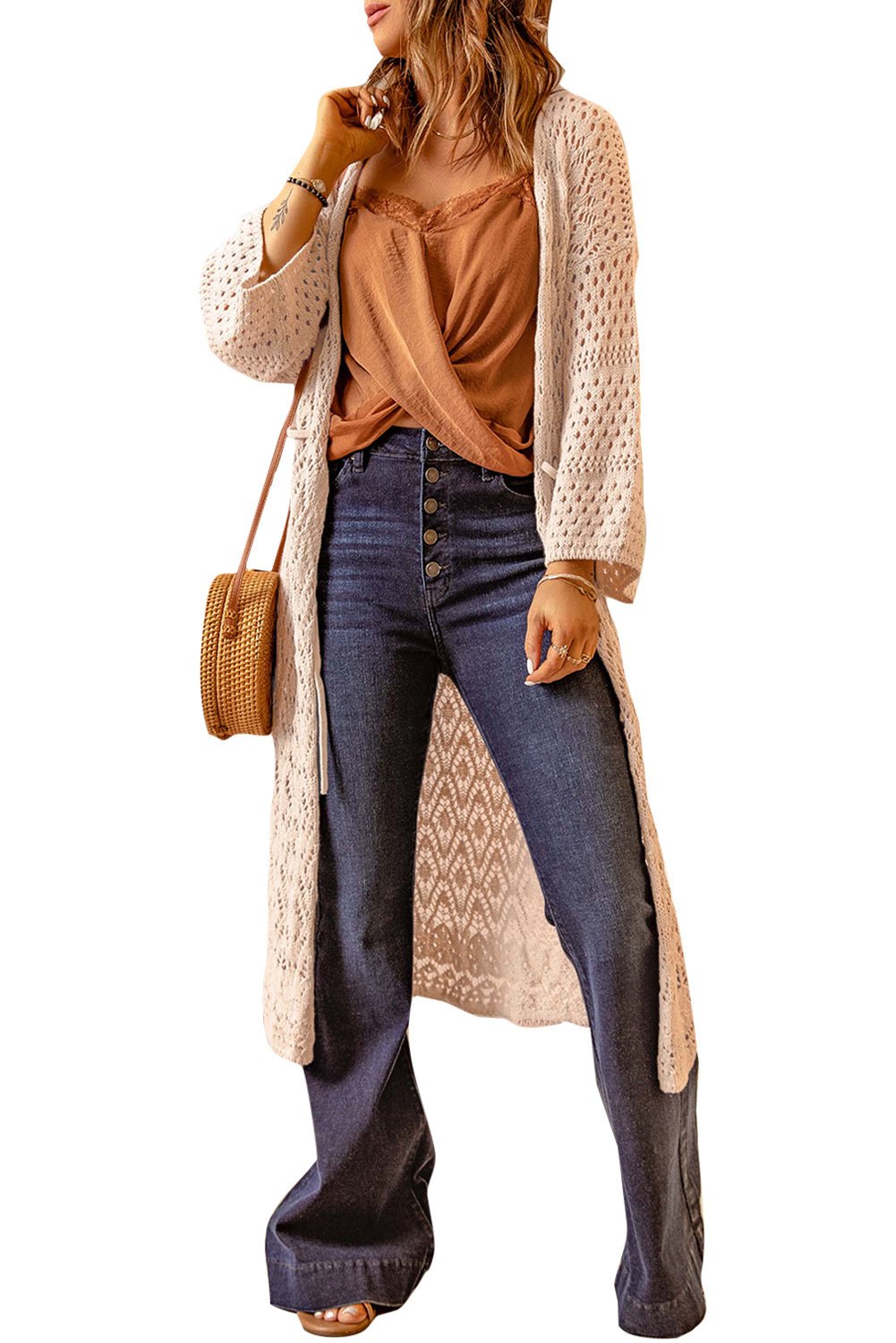 Dropped Shoulder Long Sleeve Crochet Duster Cardigan - Guy Christopher