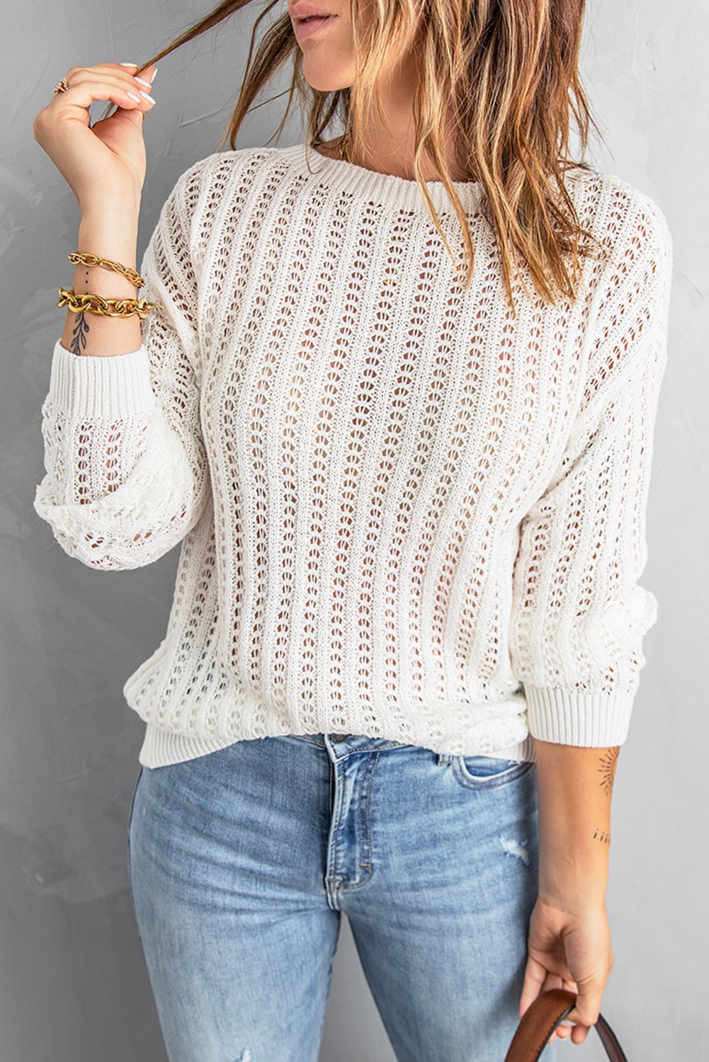 Dropped Shoulder Openwork Sweater - Guy Christopher