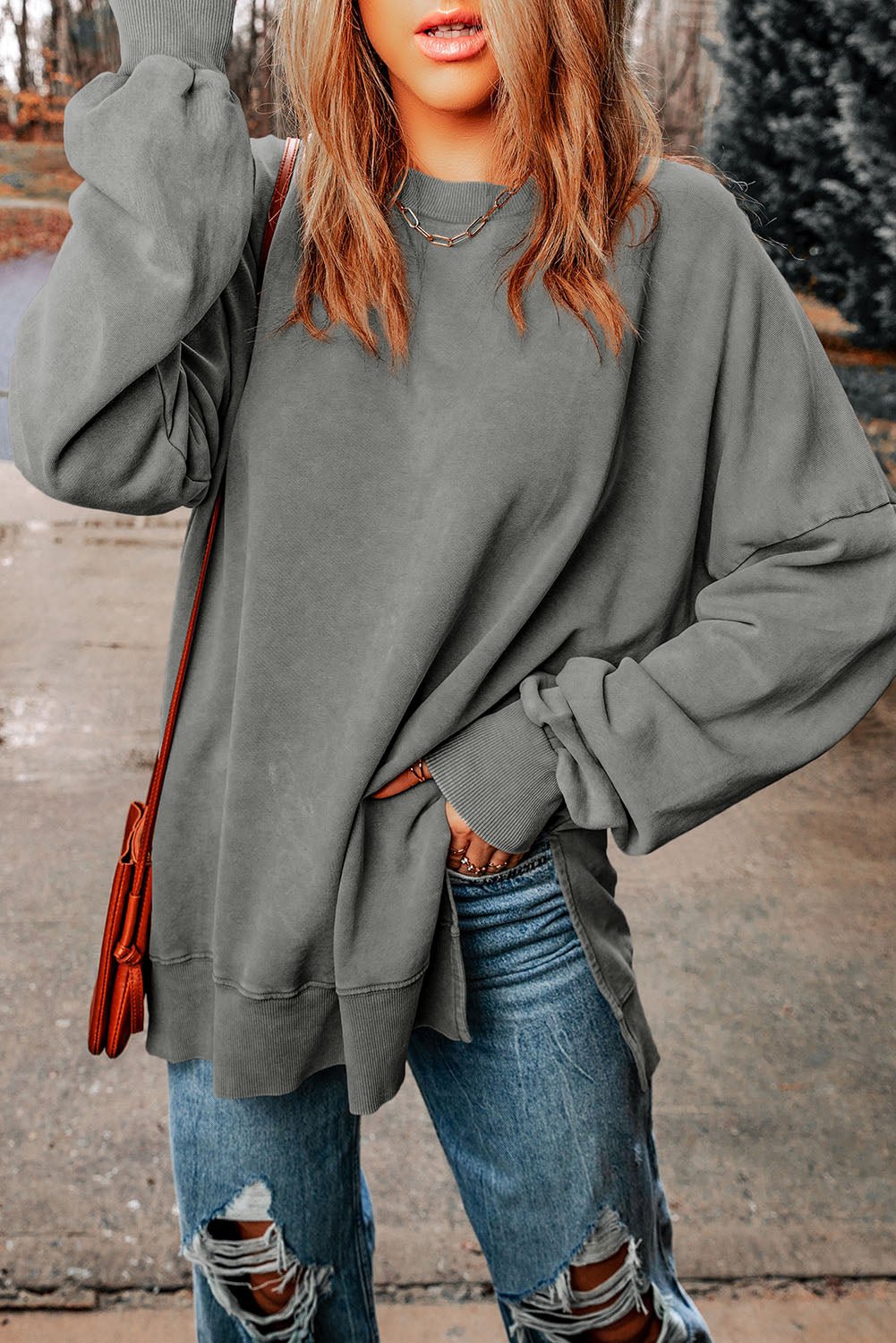 Dropped Shoulder Round Neck Long Sleeve Blouse - Guy Christopher
