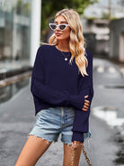 Dropped Shoulder Round Neck Long Sleeve Knit Top - Guy Christopher