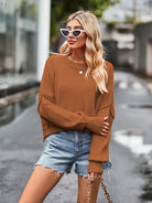 Dropped Shoulder Round Neck Long Sleeve Knit Top - Guy Christopher