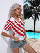 Striped Johnny Collar Half Sleeve Knit Top - Guy Christopher 