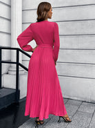 V-Neck Tie Waist Pleated Maxi Dress - Guy Christopher 