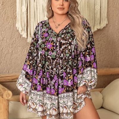 Plus Size Printed Tie Neck Mini Dress