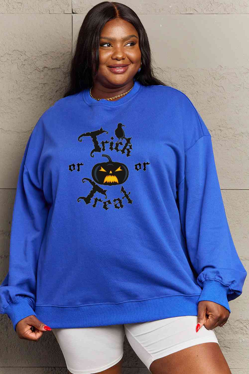 Simply Love Full Size TRICK OR TREAT Graphic Sweatshirt - Guy Christopher 