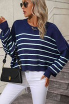 Striped Dropped Shoulder Round Neck Pullover Sweater - Guy Christopher 