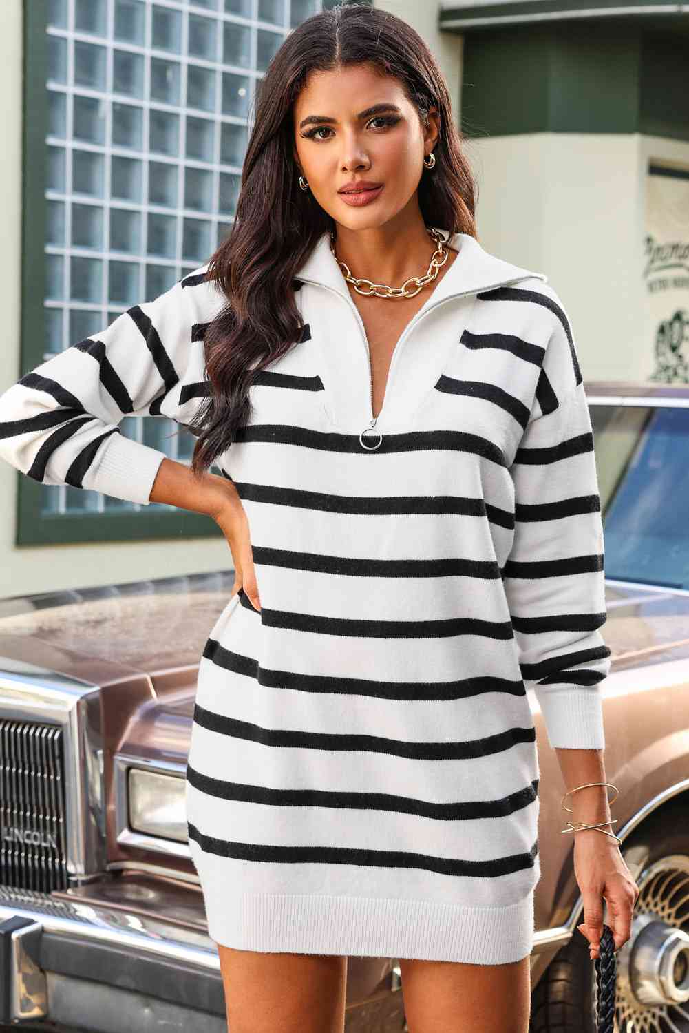 Striped Quarter-Zip Collared Sweater Dress - Guy Christopher 