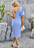 Twist Front One-Shoulder Puff Sleeve Dress - Guy Christopher 
