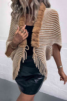 Striped Open Front Fringe Poncho - Guy Christopher 