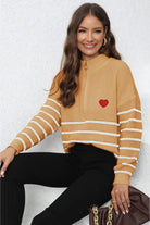 Striped Zip-Up Long Sleeve Ribbed Sweater - Guy Christopher 