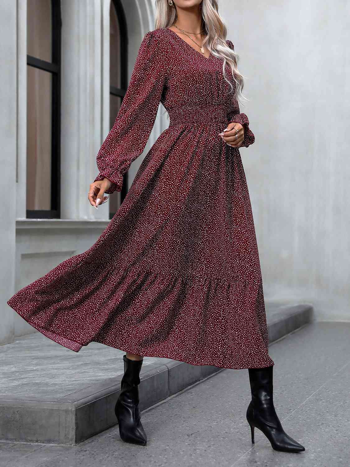 V-Neck Flounce Sleeve Dress - Guy Christopher 