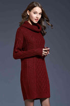 Woven Right Full Size Mixed Knit Cowl Neck Dropped Shoulder Sweater Dress - Guy Christopher 