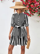 Striped Half Sleeve Tie Waist Mini Dress - Guy Christopher 