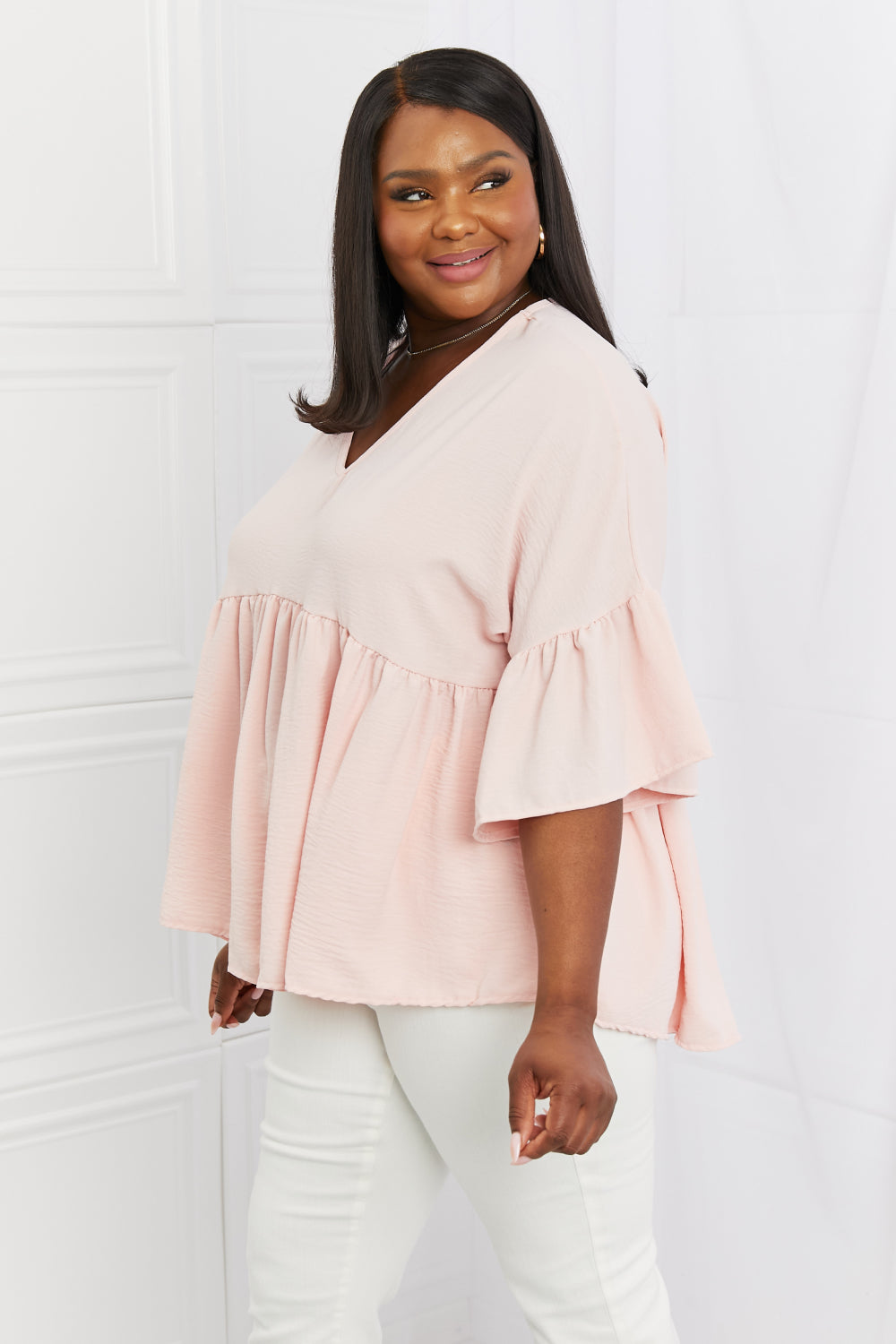 Celeste Look At Me Full Size Flowy Ruffle Sleeve Top in Pink - Guy Christopher 