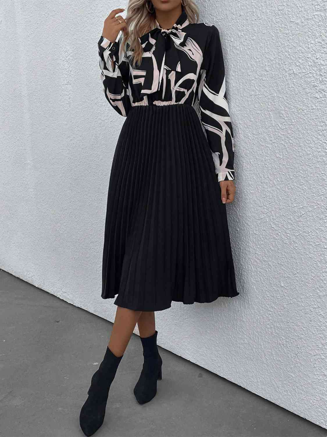 Tie Neck Long Sleeve Pleated Dress - Guy Christopher 