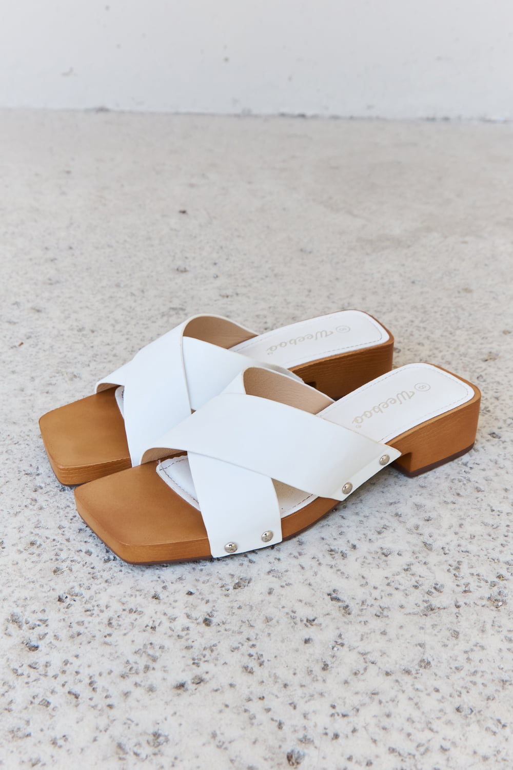 Weeboo Step Into Summer Criss Cross Wooden Clog Mule in White - Guy Christopher 