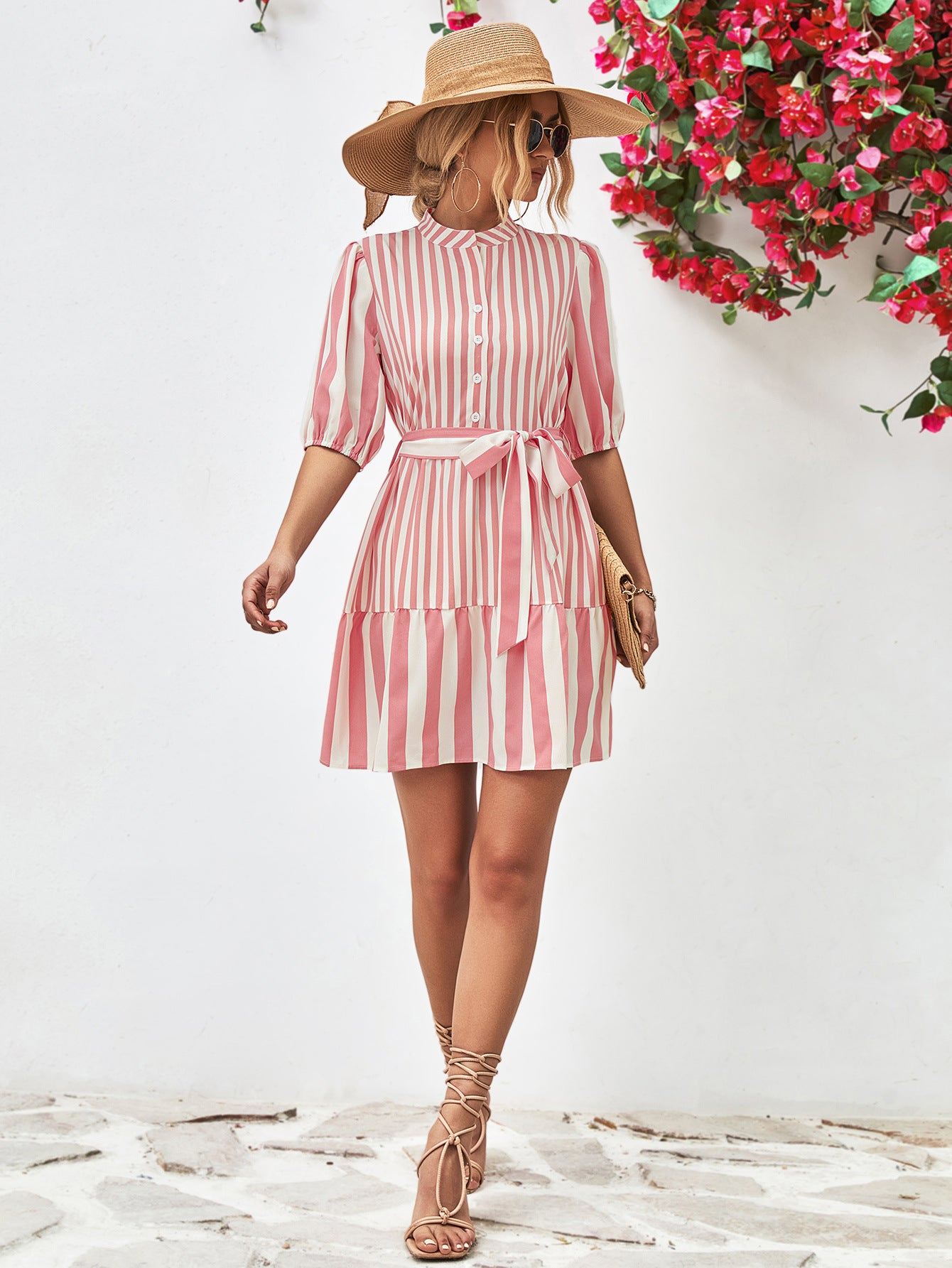 Striped Half Sleeve Tie Waist Mini Dress - Guy Christopher 