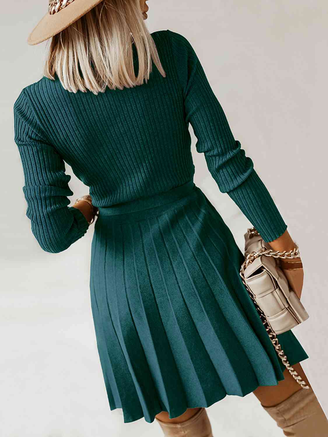 Surplice Neck Tie Front Pleated Sweater Dress - Guy Christopher 