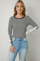 Striped Round Neck Long Sleeve Lace Trim T-Shirt - Guy Christopher 