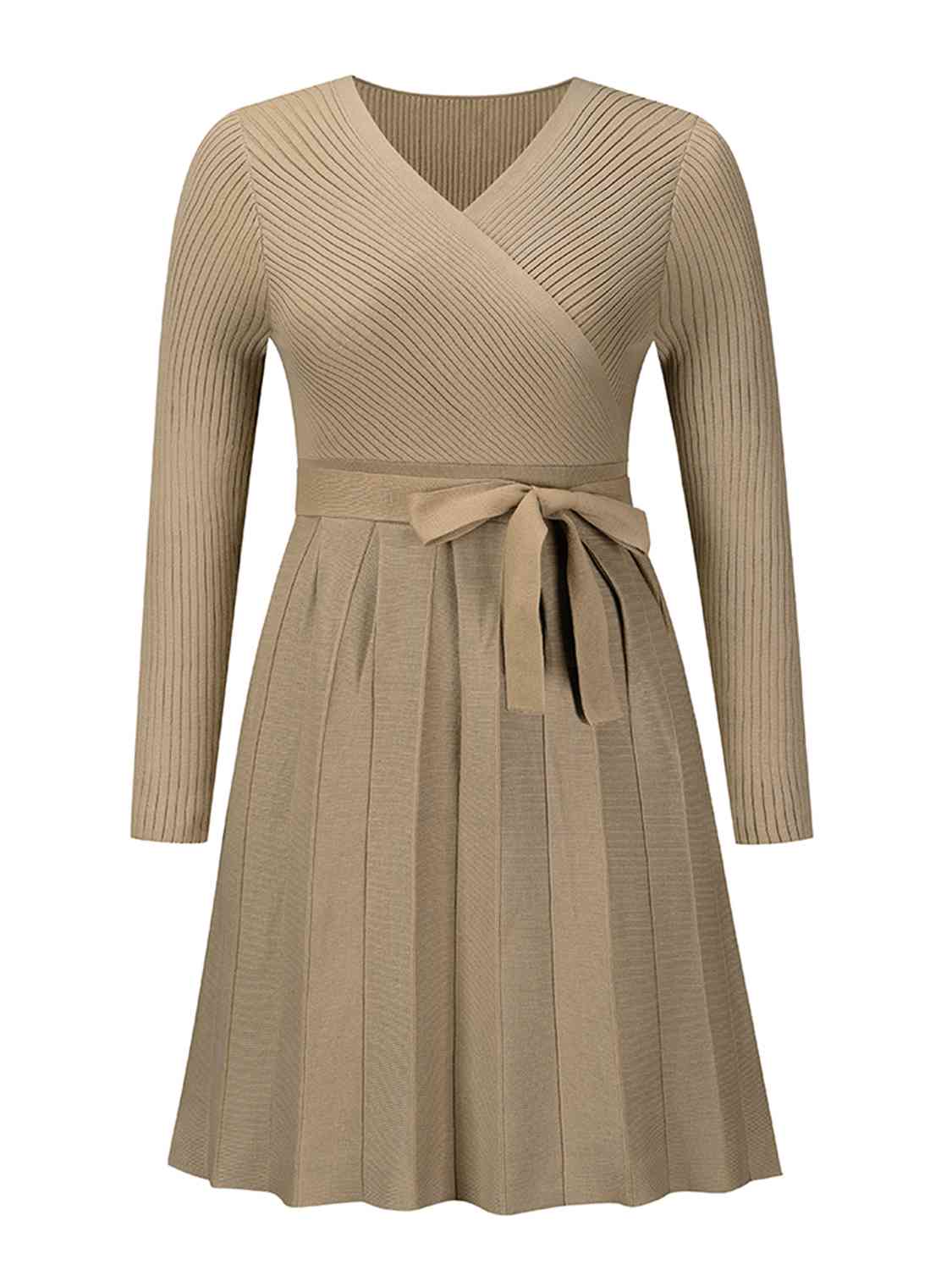 Surplice Neck Tie Front Pleated Sweater Dress - Guy Christopher 