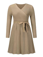 Surplice Neck Tie Front Pleated Sweater Dress - Guy Christopher 