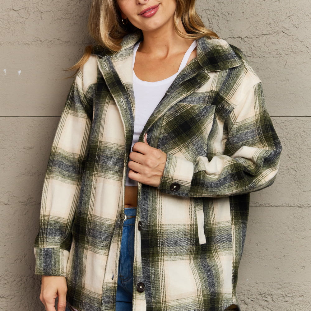 Zenana By The Fireplace Oversized Plaid Shacket in Olive - Guy Christopher 