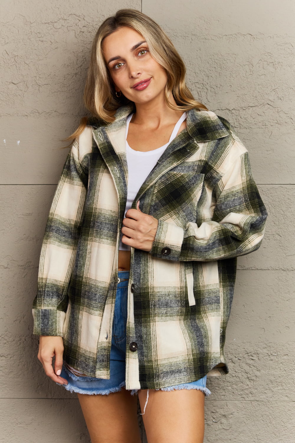 Zenana By The Fireplace Oversized Plaid Shacket in Olive - Guy Christopher 