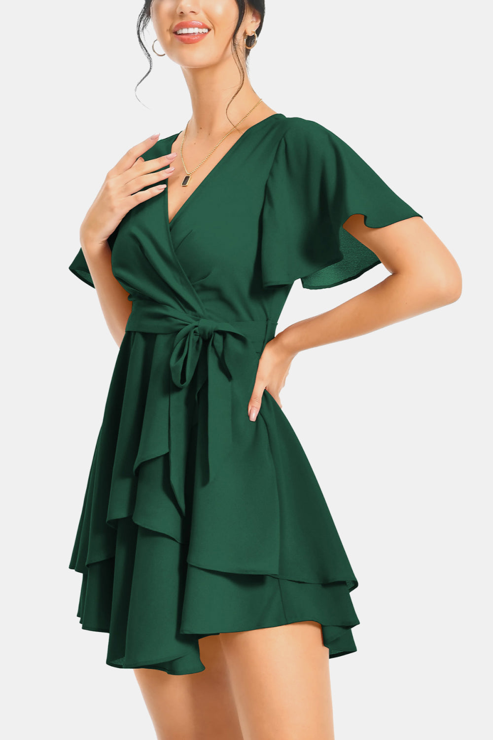 Surplice Neck Flutter Sleeve Dress - Guy Christopher 