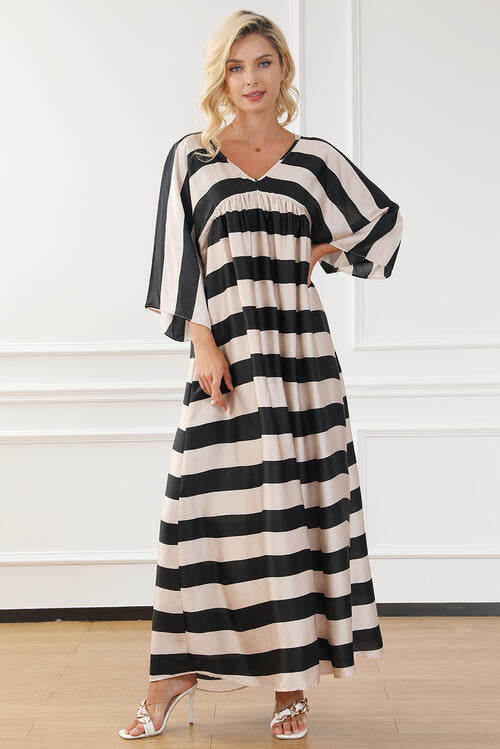 Striped V-Neck Ruched Dress - Guy Christopher 